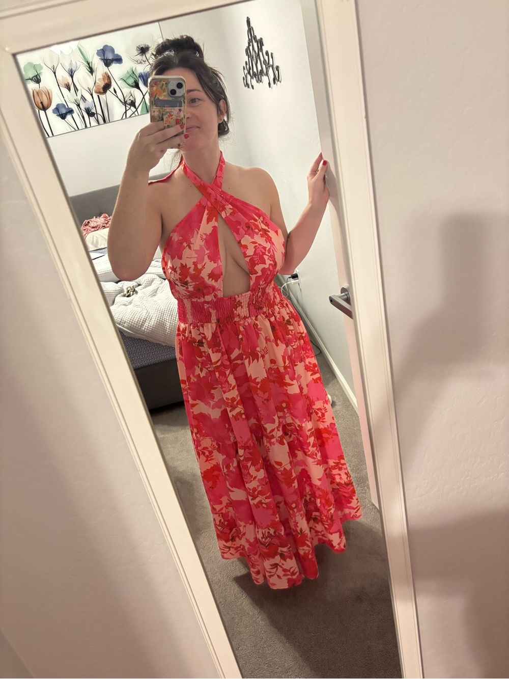 Pink & Coral Halter Maxi Dress with Floral Print
